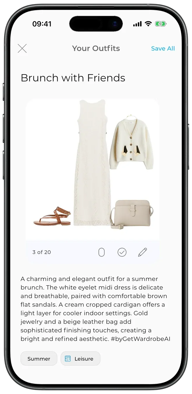 An AI-generated 'Brunch with Friends' outfit styled from your own clothes, with a written description and Summer/Leisure tags