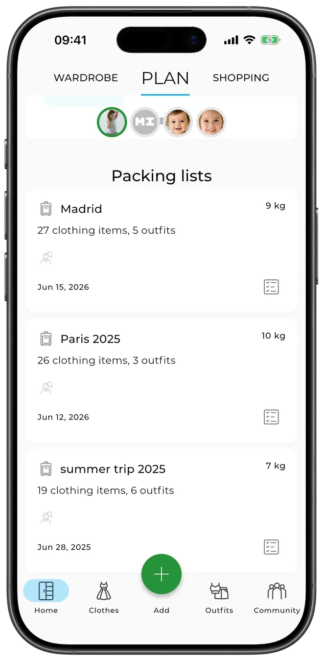 GetWardrobe packing lists for trips to Madrid, Paris, and a summer trip, each with item and outfit counts